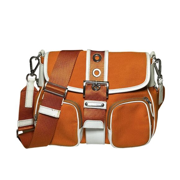 PRADA Orange Canapa Cargo Vitello Trimmed Buckle Flap Crossbody Shoulder Bag - Picture 1 of 9